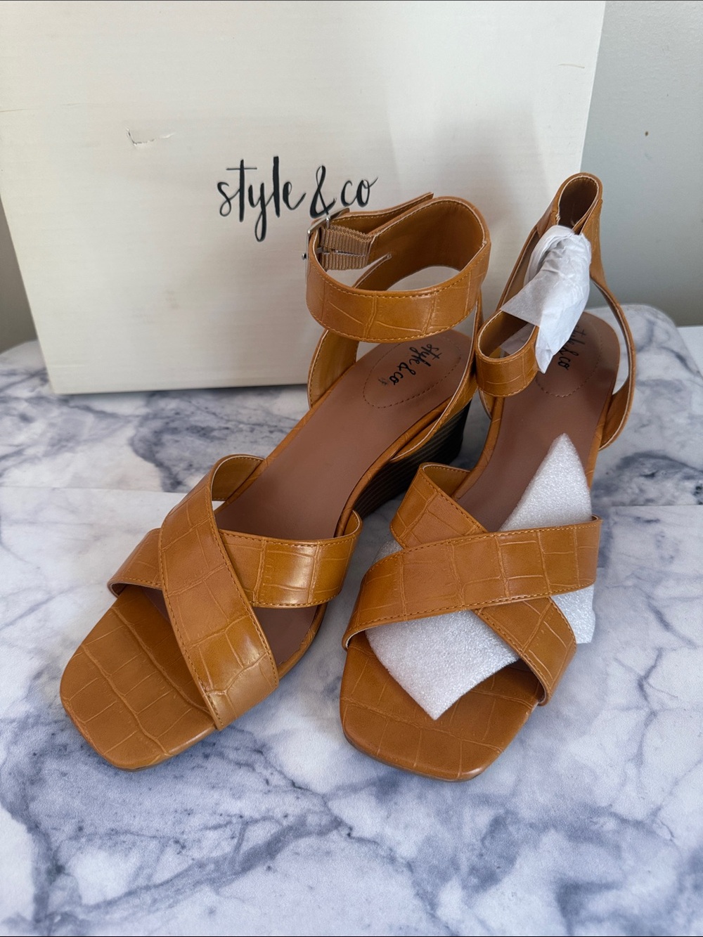 Style & Co. Cognac Tan Croc-Embossed Strappy Block Heel Sandals